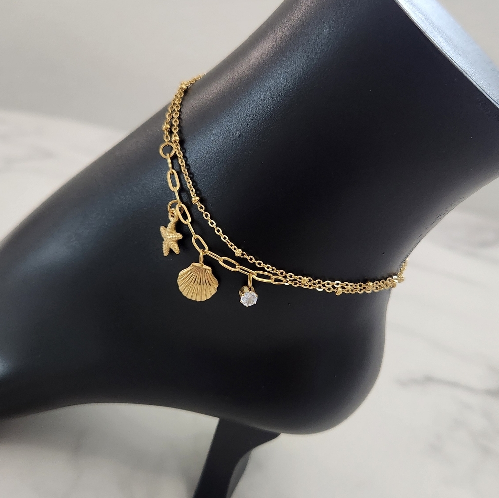 Gold Beach Starfish, Shell & Crystal Accent Charm Anklet Bracelet
